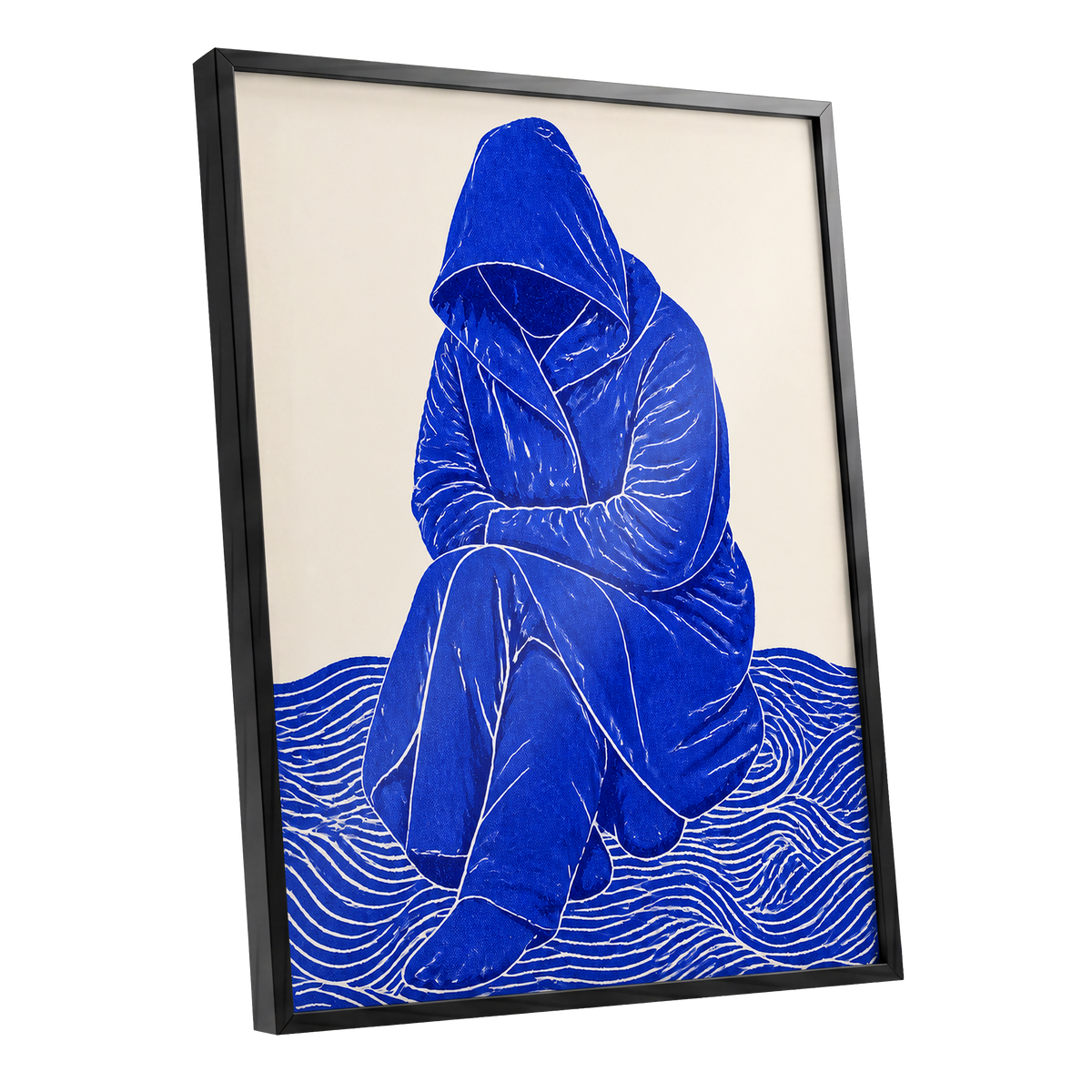 Cobalt Contours, blue, beige, white minimalist wall art shown as a black framed poster wall art print