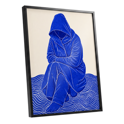 Cobalt Contours, blue, beige, white minimalist wall art shown as a black framed poster wall art print