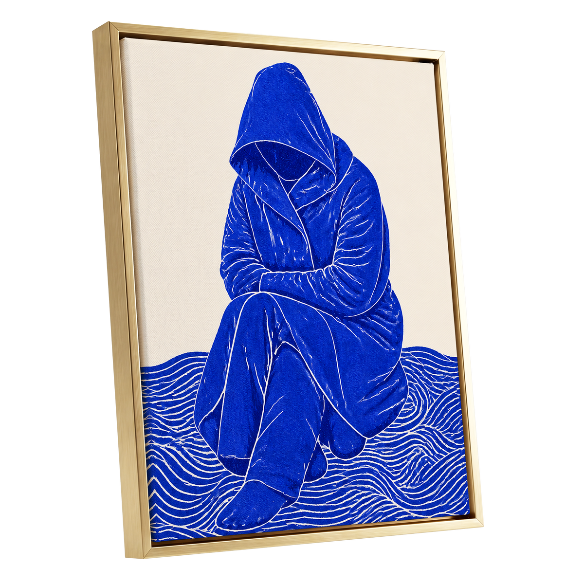 Cobalt Contours, blue, beige, white minimalist wall art shown as a gold framed canvas wall art
