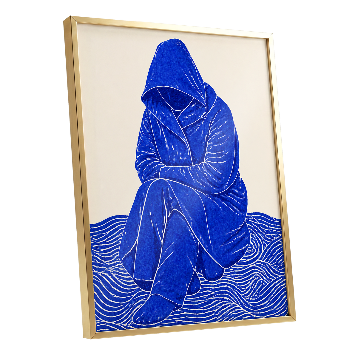 Cobalt Contours, blue, beige, white minimalist wall art shown as a gold framed poster wall art print