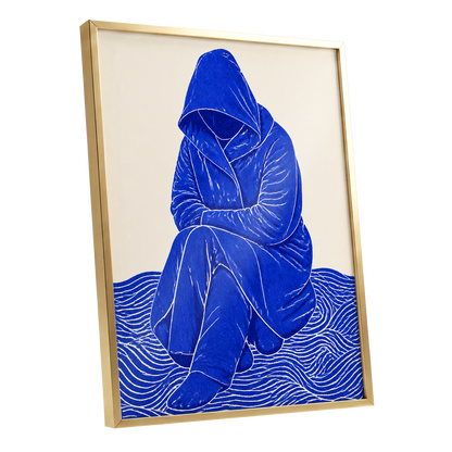 Cobalt Contours, blue, beige, white minimalist wall art shown as a gold framed poster wall art print