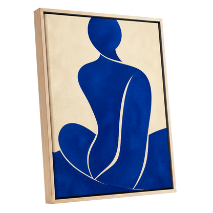 Cobalt Contours, blue, beige, yellow minimalist wall art shown as a oak framed canvas wall art