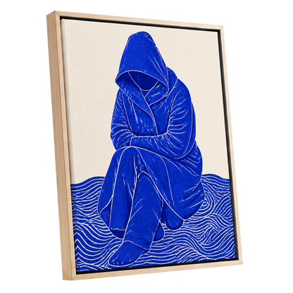 Cobalt Contours, blue, beige, white minimalist wall art shown as a oak framed canvas wall art