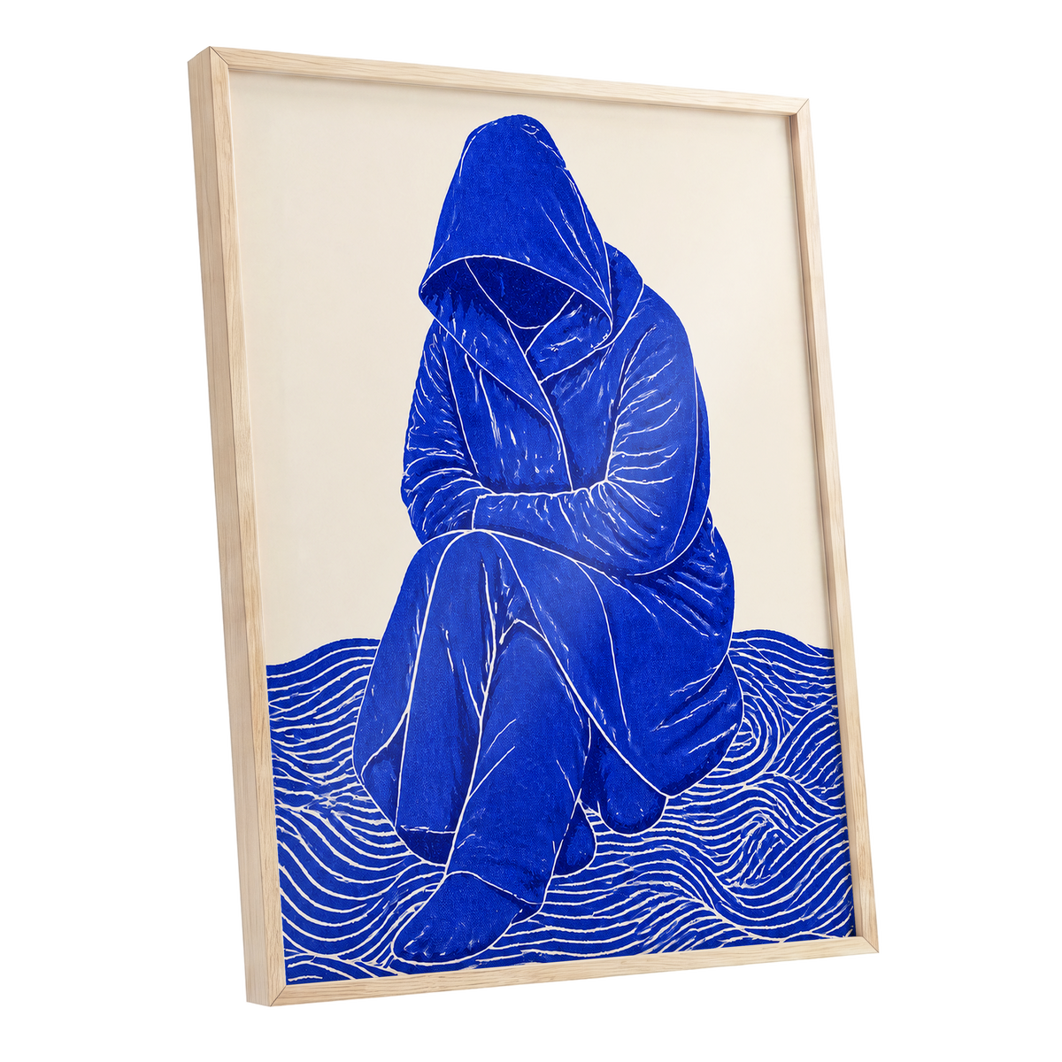 Cobalt Contours, blue, beige, white minimalist wall art shown as a oak framed poster wall art print