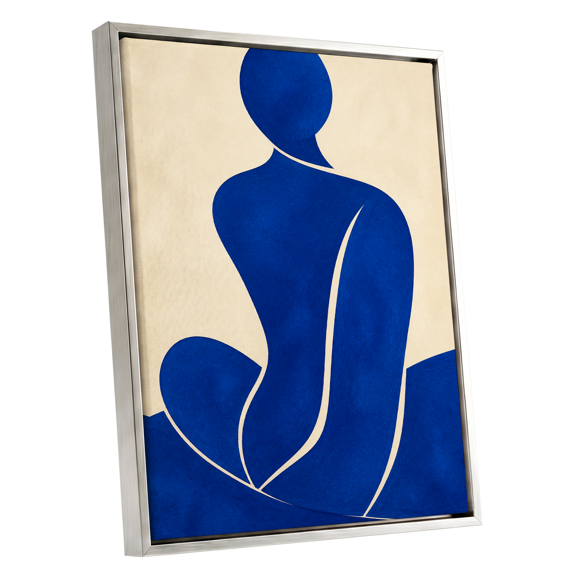 Cobalt Contours, blue, beige, yellow minimalist wall art shown as a silver framed canvas wall art
