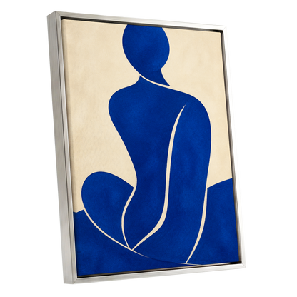 Cobalt Contours, blue, beige, yellow minimalist wall art shown as a silver framed canvas wall art