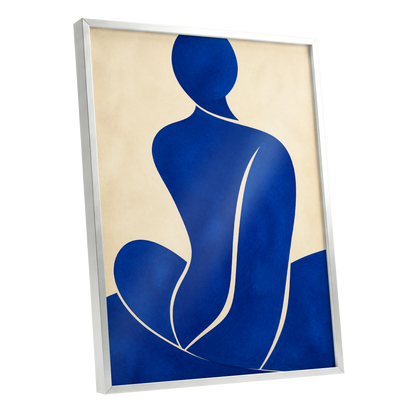 Cobalt Contours, blue, beige, yellow minimalist wall art shown as a silver framed poster wall art print