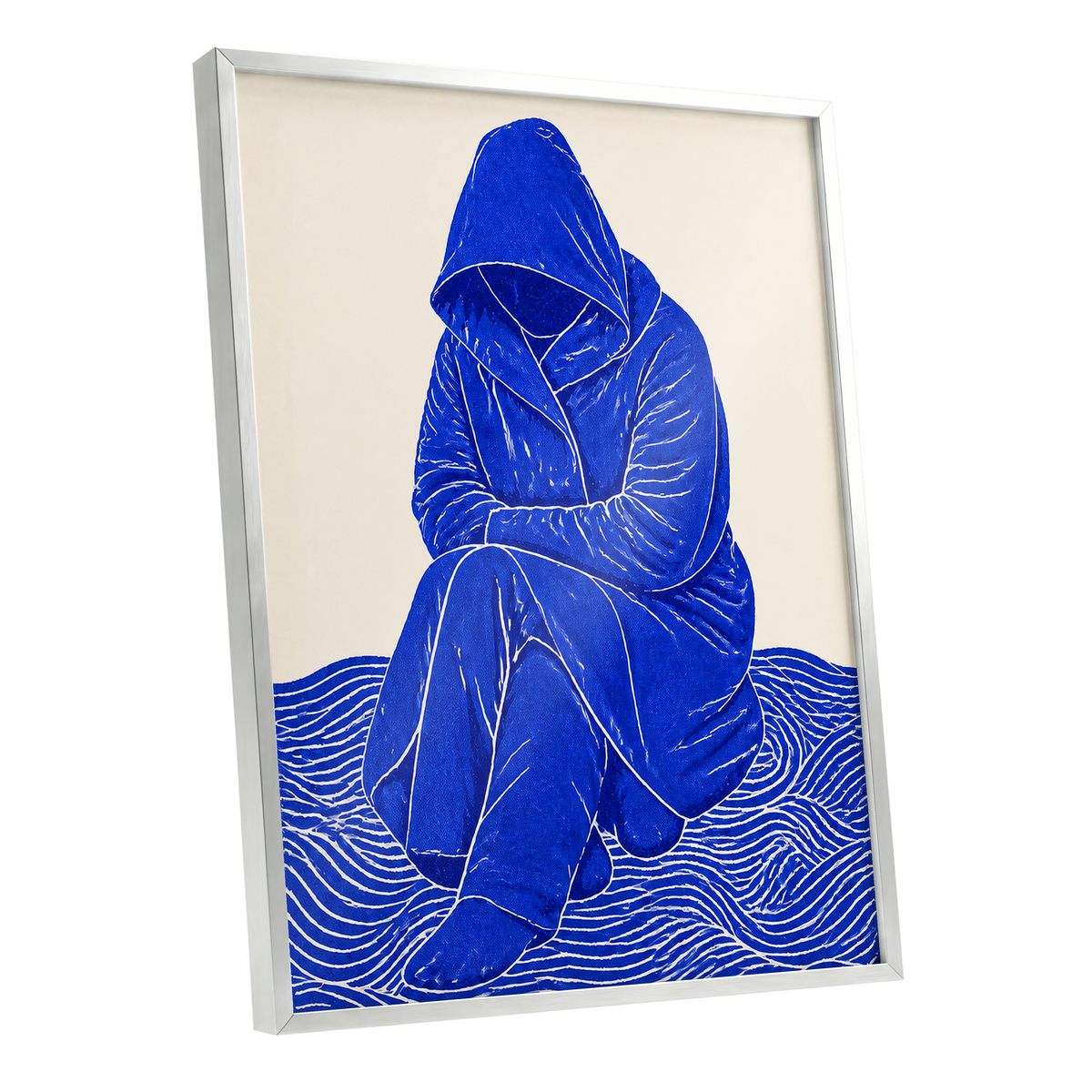 Cobalt Contours, blue, beige, white minimalist wall art shown as a silver framed poster wall art print