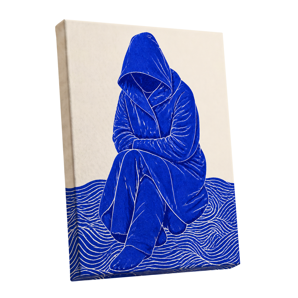 Cobalt Contours, blue, beige, white minimalist wall art shown as a stretched canvas wall art