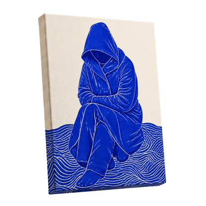 Cobalt Contours, blue, beige, white minimalist wall art shown as a stretched canvas wall art