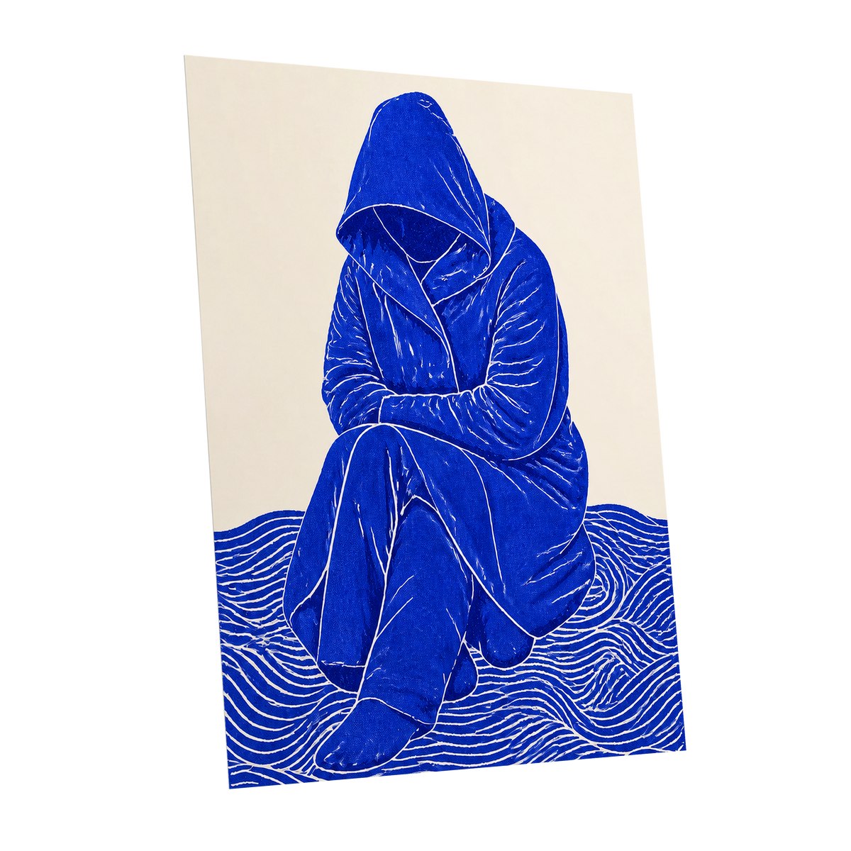 Cobalt Contours, blue, beige, white minimalist wall art shown as a unframed poster wall art print