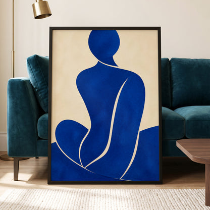 Cobalt Contours, blue, beige, yellow minimalist wall art displayed in a styled interior, gallery view 2