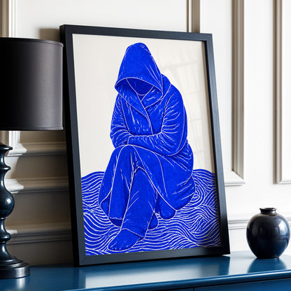 Cobalt Contours, blue, beige, white minimalist wall art displayed in a styled interior, gallery view 2