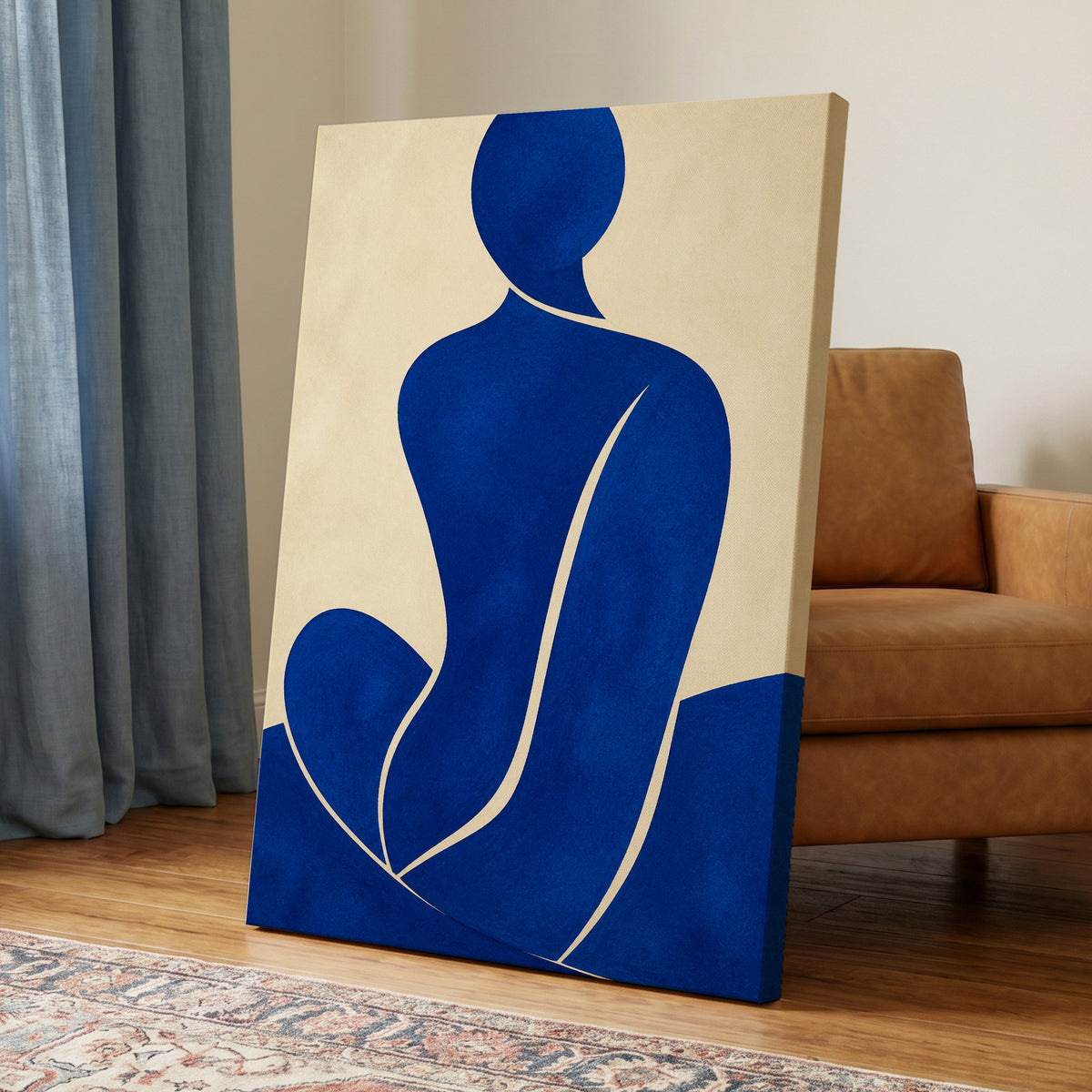 Cobalt Contours, blue, beige, yellow minimalist wall art displayed in a styled interior, gallery view 3