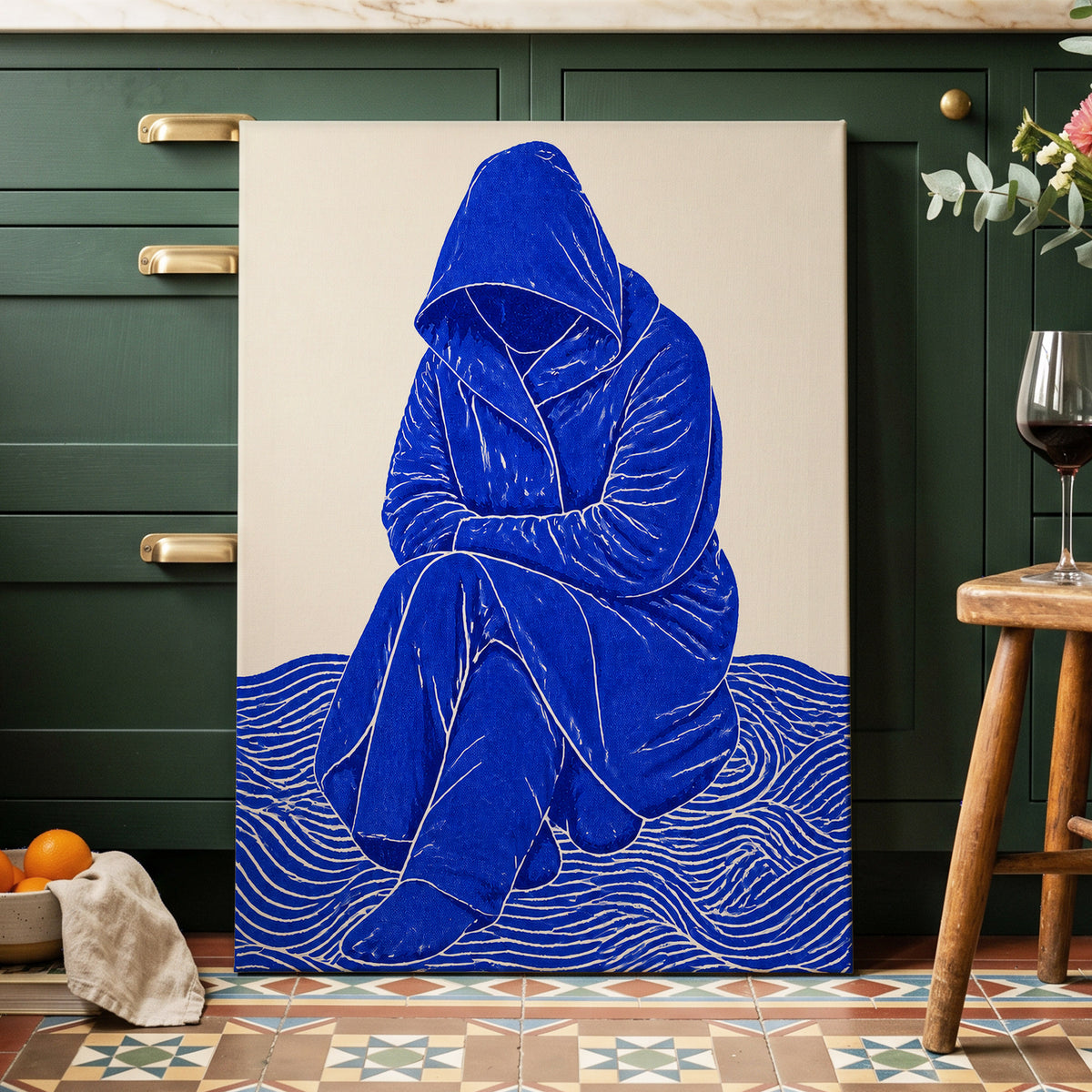 Cobalt Contours, blue, beige, white minimalist wall art displayed in a styled interior, gallery view 3