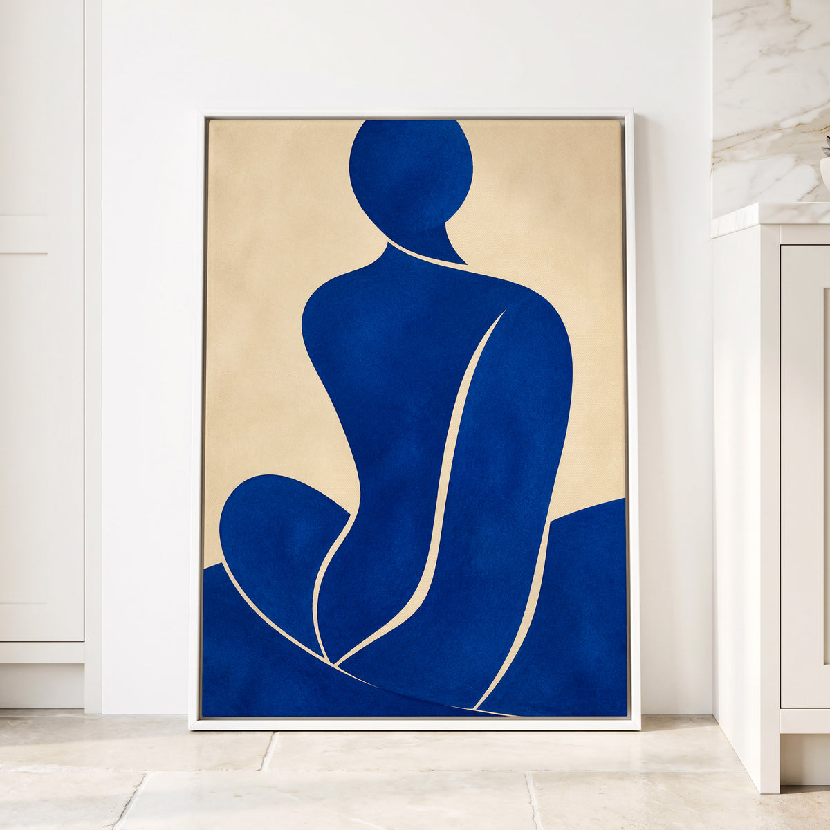 Cobalt Contours, blue, beige, yellow minimalist wall art displayed in a styled interior, gallery view 4