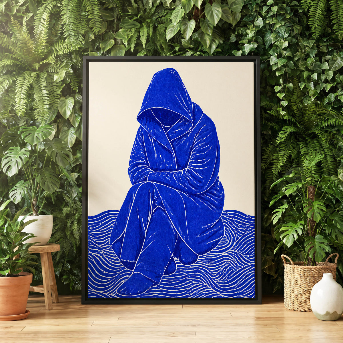 Cobalt Contours, blue, beige, white minimalist wall art displayed in a styled interior, gallery view 4