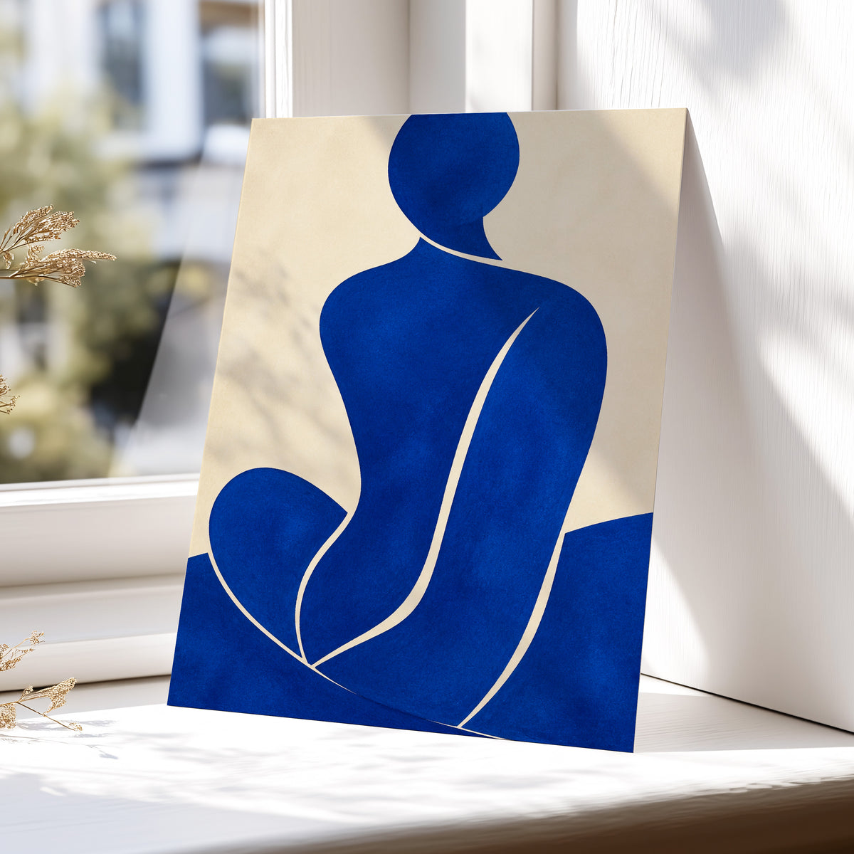 Cobalt Contours, blue, beige, yellow minimalist wall art displayed in a styled interior, gallery view 5