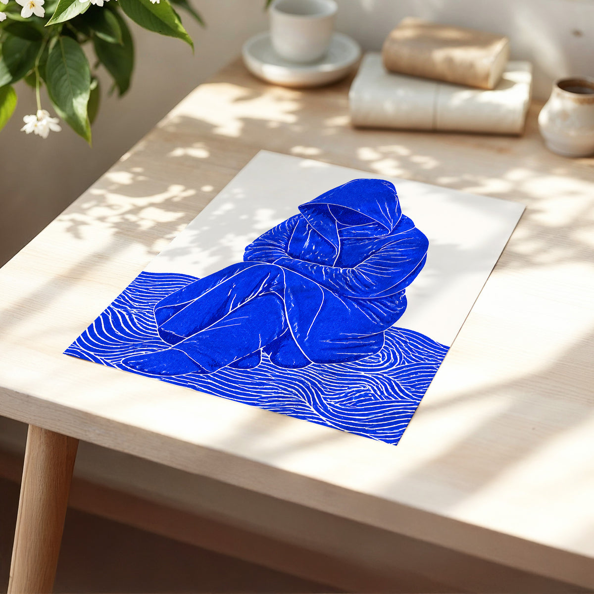 Cobalt Contours, blue, beige, white minimalist wall art displayed in a styled interior, gallery view 5