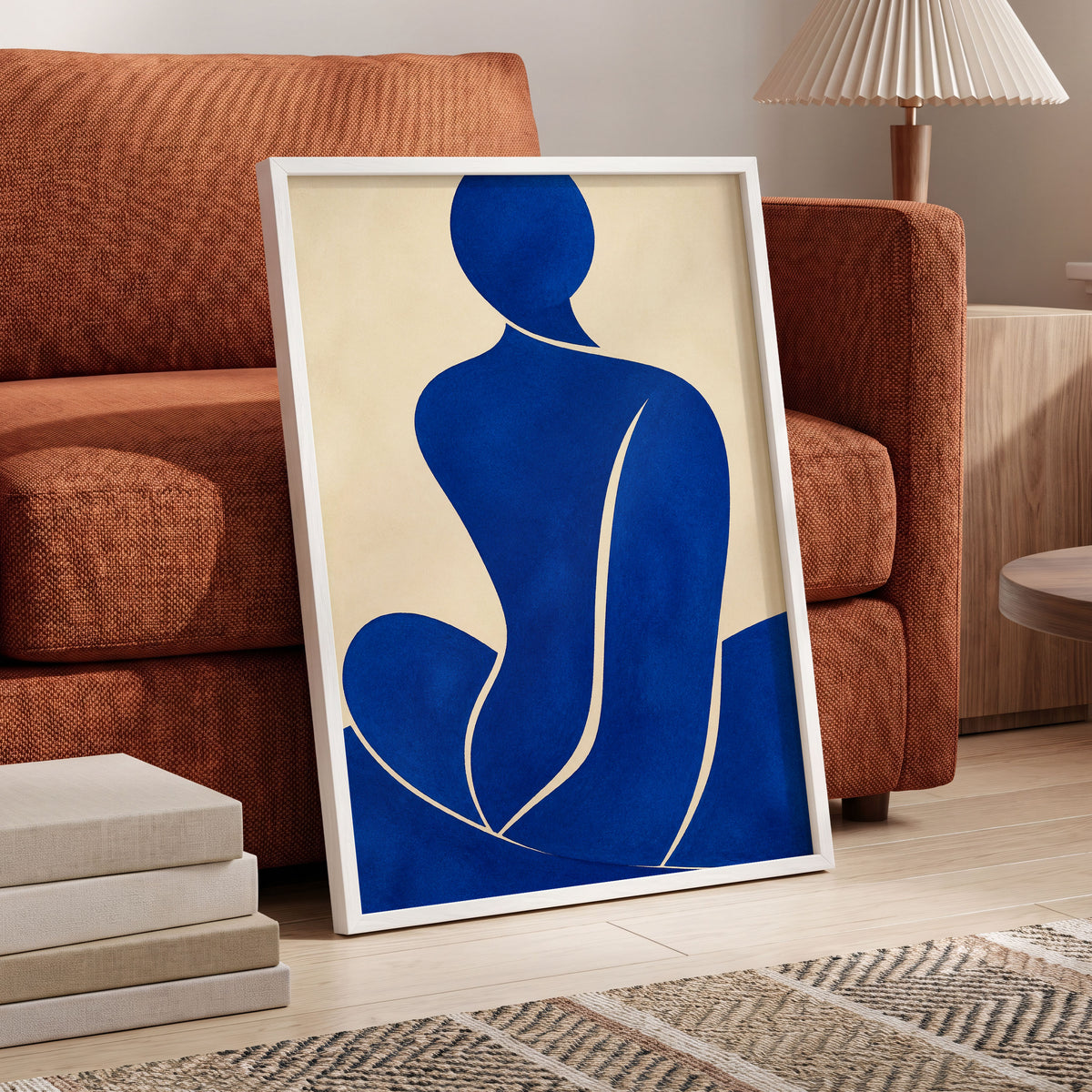 Cobalt Contours, blue, beige, yellow minimalist wall art displayed in a styled interior, gallery view 6