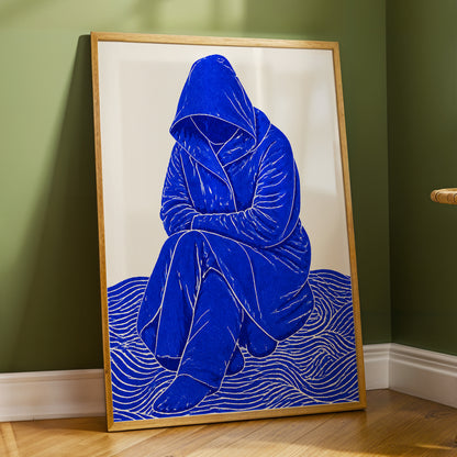 Cobalt Contours, blue, beige, white minimalist wall art displayed in a styled interior, gallery view 6