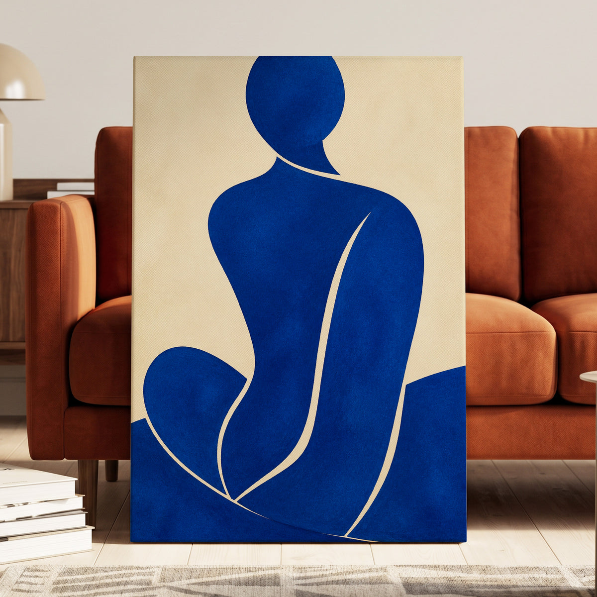 Cobalt Contours, blue, beige, yellow minimalist wall art displayed in a styled interior, gallery view 7
