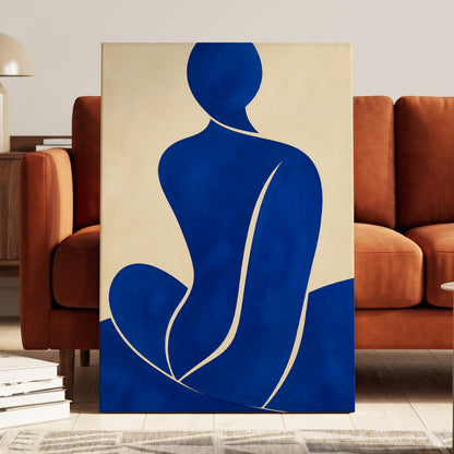 Cobalt Contours, blue, beige, yellow minimalist wall art displayed in a styled interior, gallery view 7