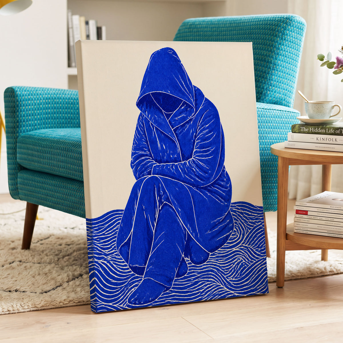 Cobalt Contours, blue, beige, white minimalist wall art displayed in a styled interior, gallery view 7