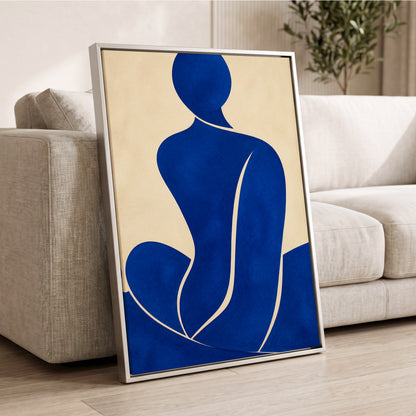 Cobalt Contours, blue, beige, yellow minimalist wall art displayed in a styled interior, gallery view 8