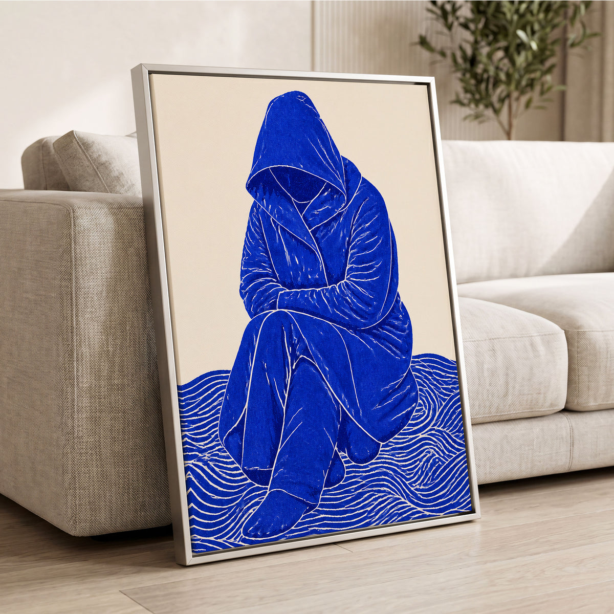 Cobalt Contours, blue, beige, white minimalist wall art displayed in a styled interior, gallery view 8