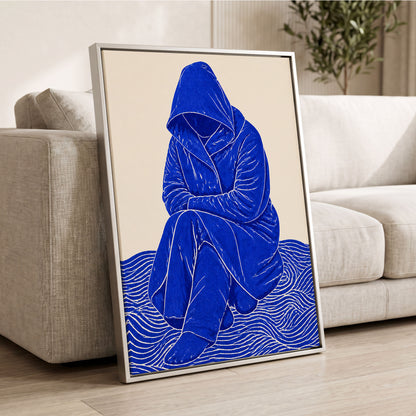 Cobalt Contours, blue, beige, white minimalist wall art displayed in a styled interior, gallery view 8