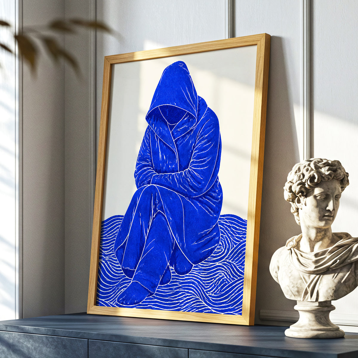 Cobalt Contours, blue, beige, white minimalist wall art displayed in a styled interior, gallery view 9