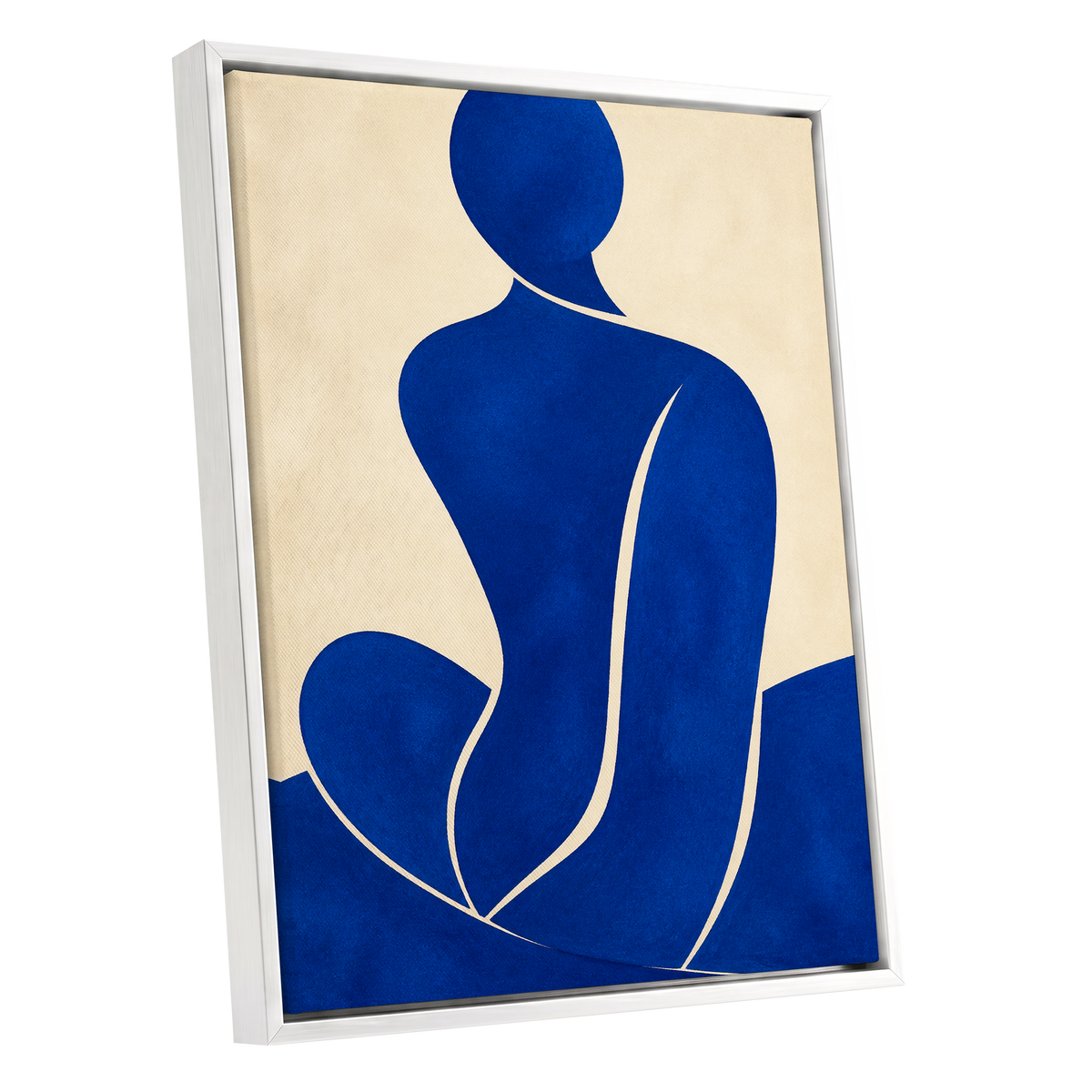 Cobalt Contours, blue, beige, yellow minimalist wall art shown as a white framed canvas wall art
