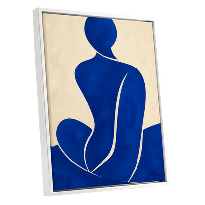 Cobalt Contours, blue, beige, yellow minimalist wall art shown as a white framed canvas wall art