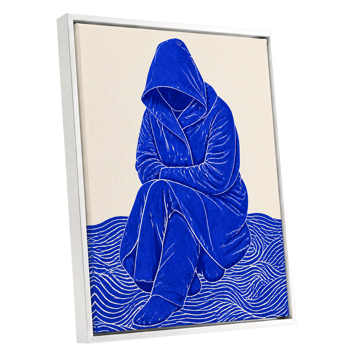 Cobalt Contours, blue, beige, white minimalist wall art shown as a white framed canvas wall art