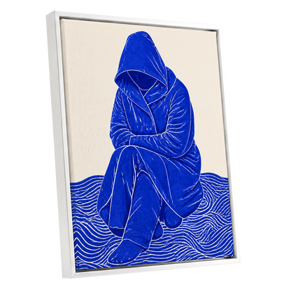 Cobalt Contours, blue, beige, white minimalist wall art shown as a white framed canvas wall art