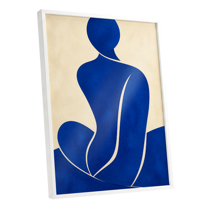 Cobalt Contours, blue, beige, yellow minimalist wall art shown as a white framed poster wall art print