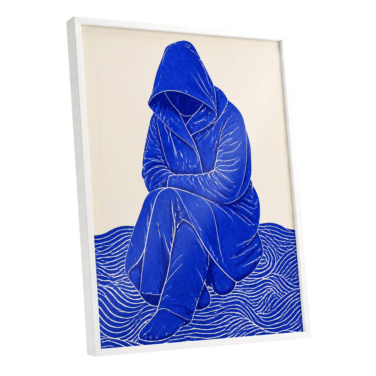 Cobalt Contours, blue, beige, white minimalist wall art shown as a white framed poster wall art print