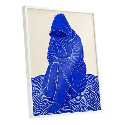Cobalt Contours, blue, beige, white minimalist wall art shown as a white framed poster wall art print
