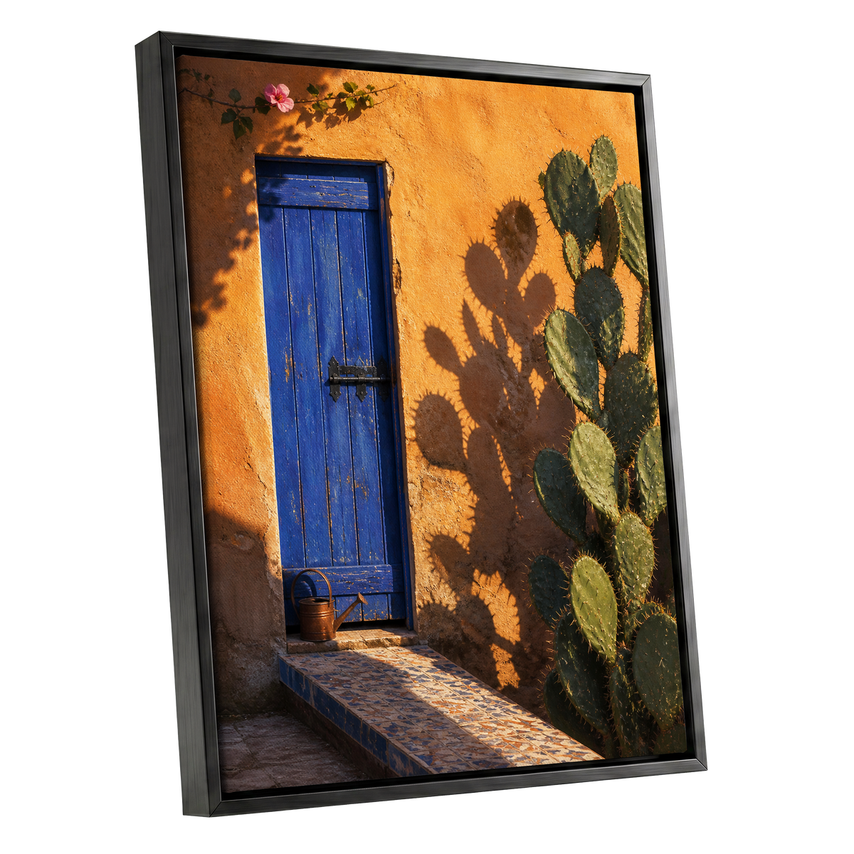 Cobalt Courtyard, orange, blue, green nature wall art shown as a black framed canvas wall art