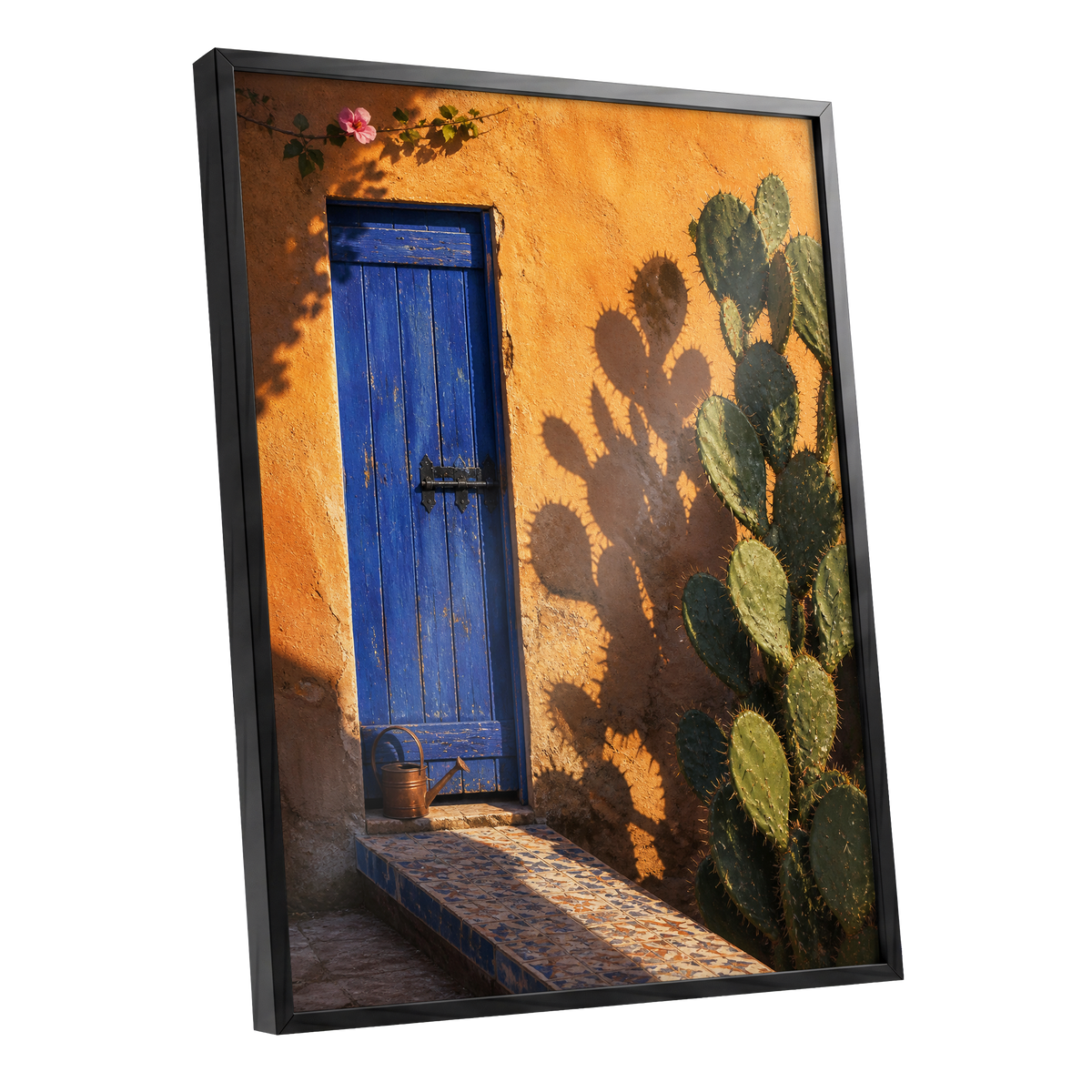 Cobalt Courtyard, orange, blue, green nature wall art shown as a black framed poster wall art print