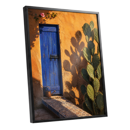 Cobalt Courtyard, orange, blue, green nature wall art shown as a black framed poster wall art print