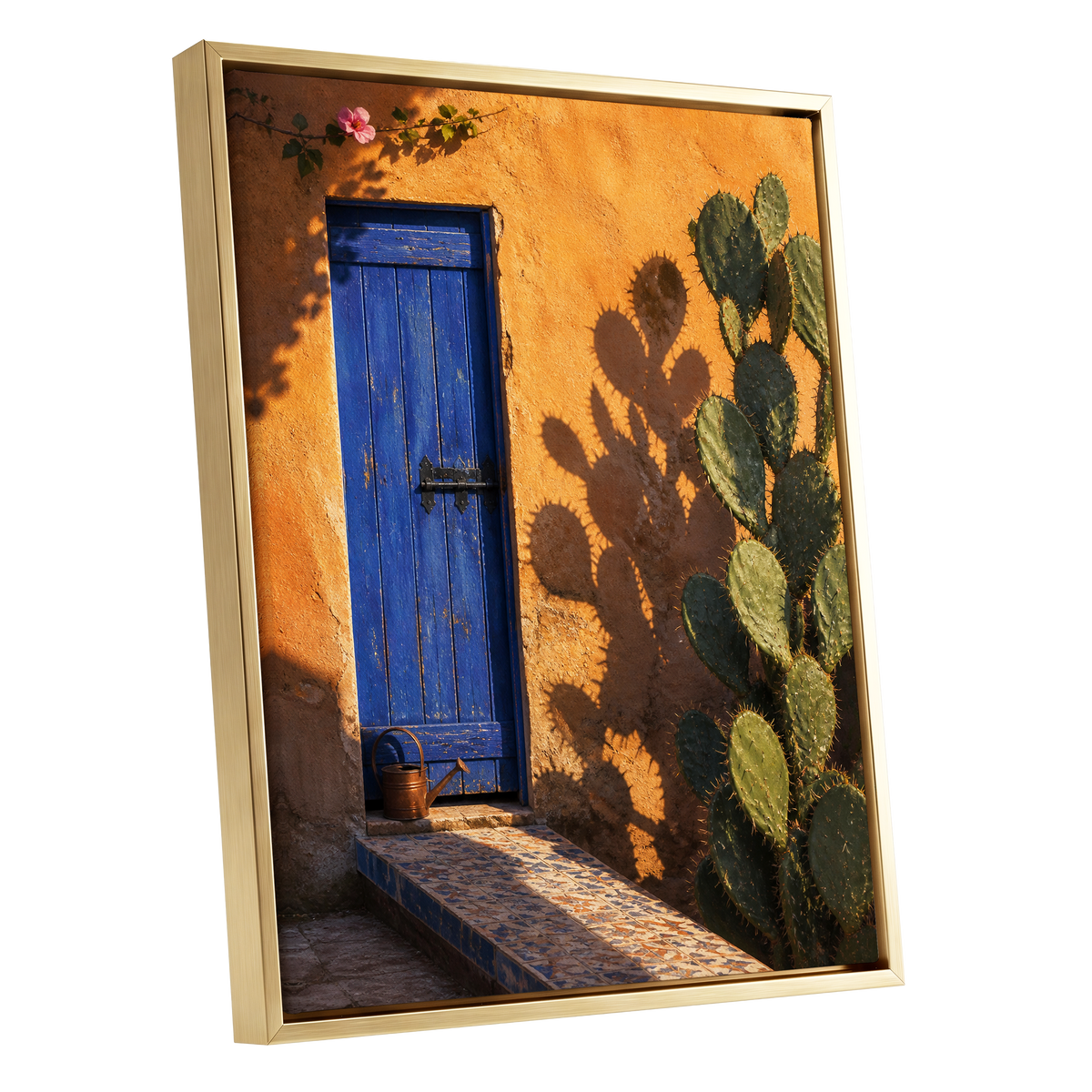 Cobalt Courtyard, orange, blue, green nature wall art shown as a gold framed canvas wall art