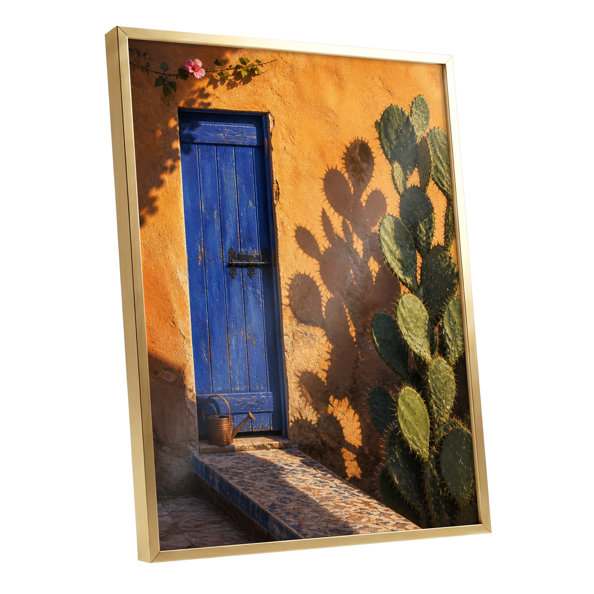 Cobalt Courtyard, orange, blue, green nature wall art shown as a gold framed poster wall art print