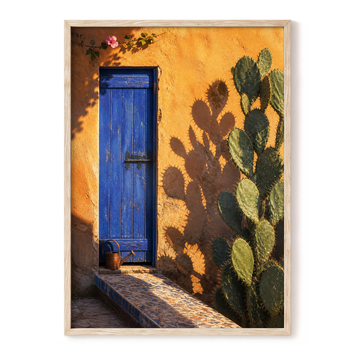 Cobalt Courtyard, orange, blue, green nature wall art, front artwork view