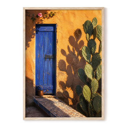 Cobalt Courtyard, orange, blue, green nature wall art, front artwork view