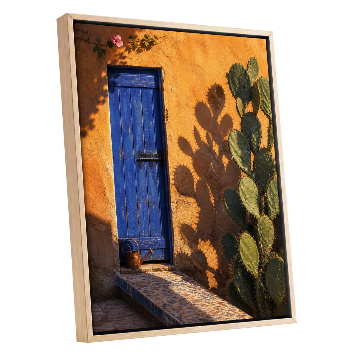 Cobalt Courtyard, orange, blue, green nature wall art shown as a oak framed canvas wall art