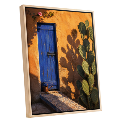 Cobalt Courtyard, orange, blue, green nature wall art shown as a oak framed canvas wall art