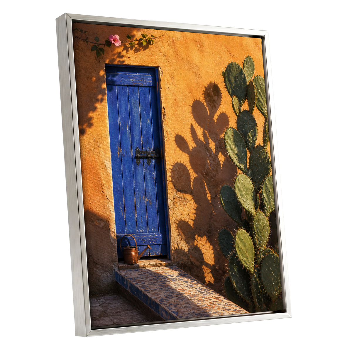Cobalt Courtyard, orange, blue, green nature wall art shown as a silver framed canvas wall art