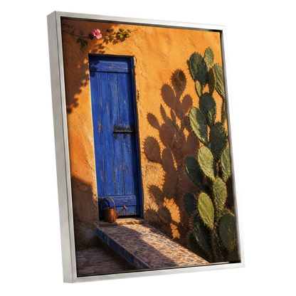 Cobalt Courtyard, orange, blue, green nature wall art shown as a silver framed canvas wall art